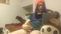 Trans girl masturbates while reading - big cumshot Thumb