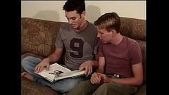 Slim young gay blonde in white socks rides his dark haired friend'_s hard cock Thumb